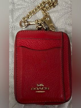 Coach Red Credit Card Wallet Zip Around With Gold Chain Wristlet ID holder